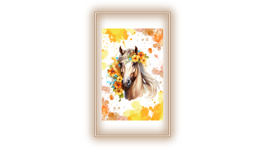 Tableau Cheval fleurs orange jaune